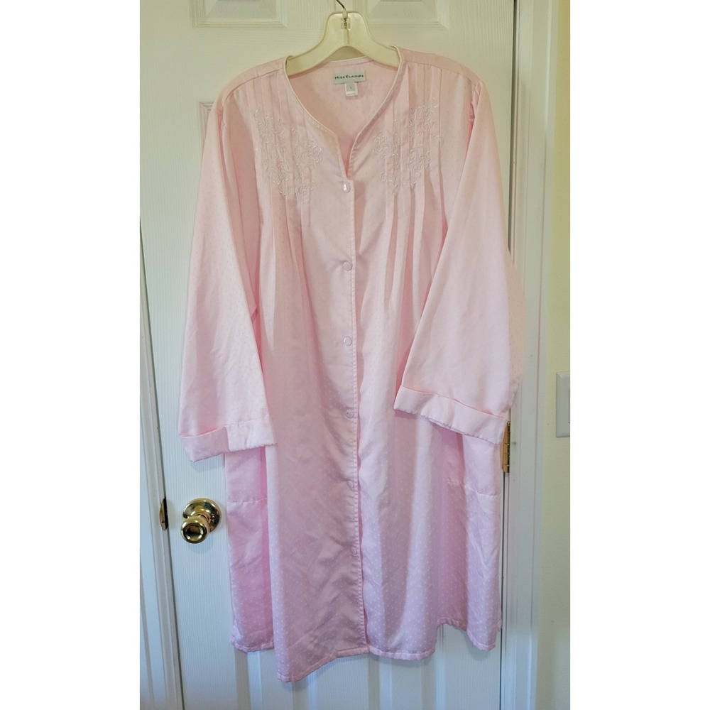 Miss Elaine Pink Snap Front Robe Floral Embroidered Housecoat Large 846153D
